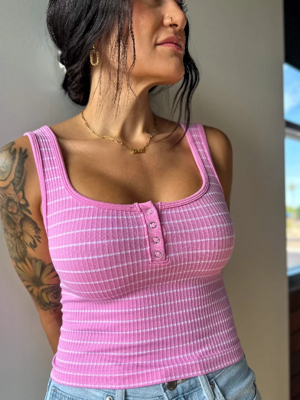 Cash Savings Stripe Henley Crop Tank - Pink