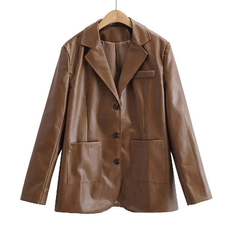 Value Pack Temperament Commuting Light Cooked Wind Big Pocket Faux Leather Suit Jacket