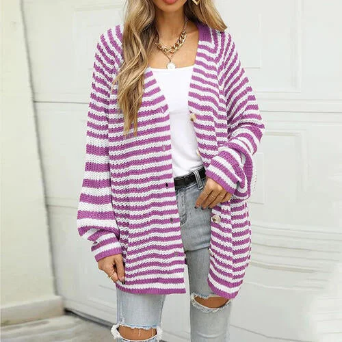 Best Bargains Striped Button Down Long Sleeve Cardigan