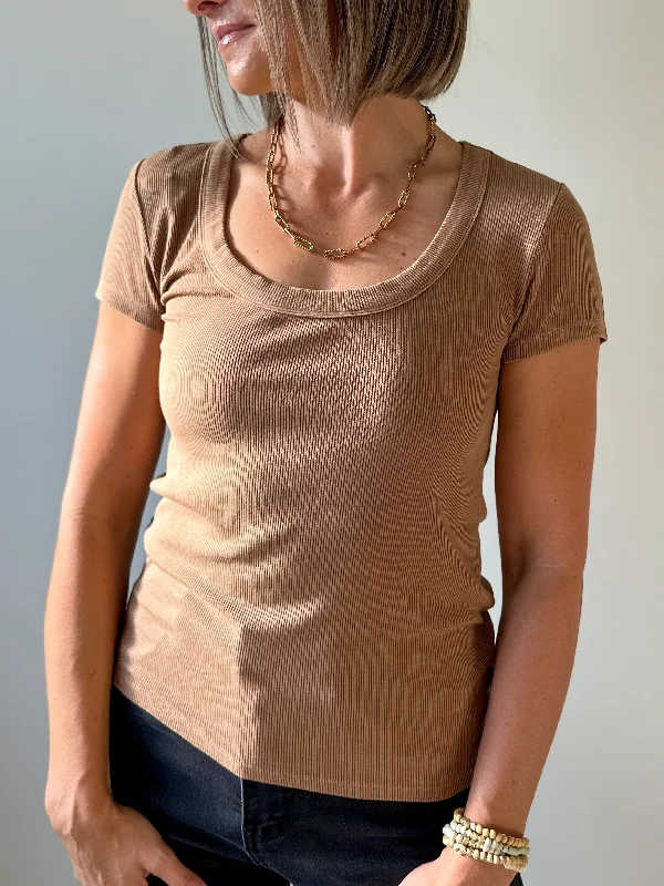 Super Bargain Ultra Soft Ribbed Scoop Neck Tee - Mocha