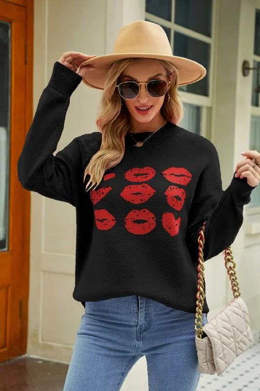 Great Bargains Lip Graphic Slit Dropped Shoulder Sweater