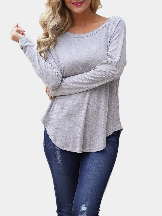 New Arrival Custom Scoop Neck Backless Cut Out Long Sleeve Curved Hem Grey T-Shirts