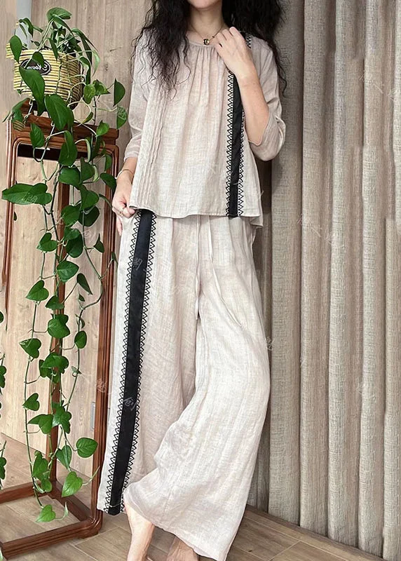 Extra Savings Organic Apricot O-Neck Tops And Pants Linen Women Sets 2 Pieces Fall