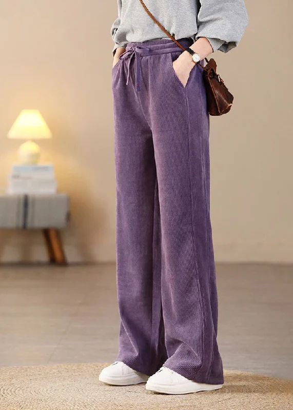 Amazing Deals Beautiful Purple Elastic Waist Pockets Corduroy Straight Pants Spring
