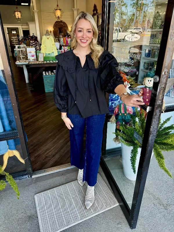 Exclusive Deal Scalloped Oversized Collar Top: Black