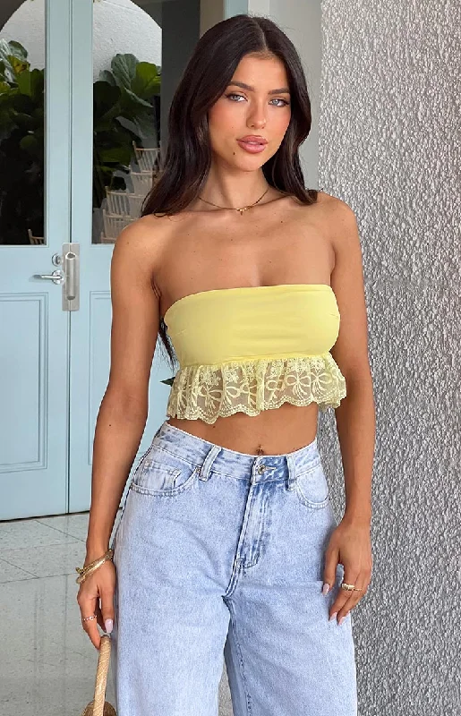 The Best Prices Sparrow Yellow Lace Frill Strapless Crop Top