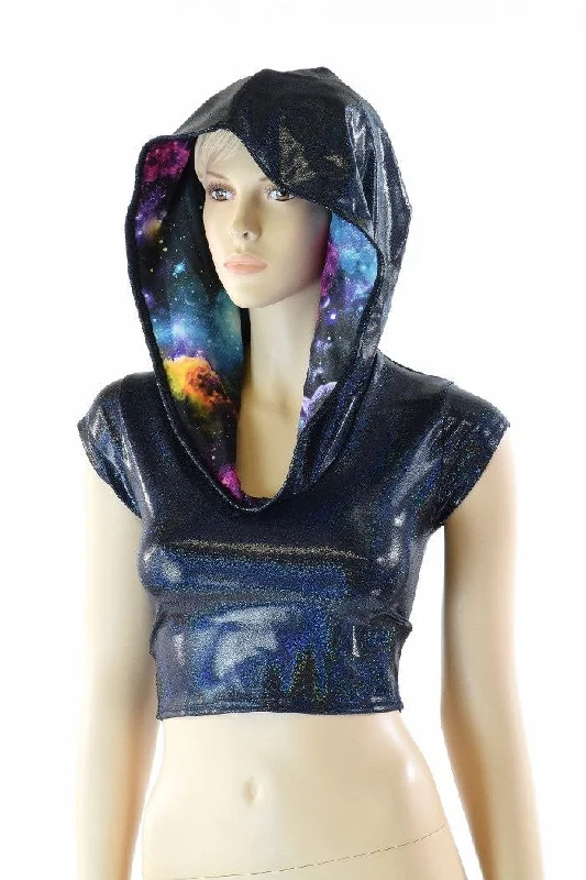 Clearance Items Black Holographic Galaxy Crop Hoodie
