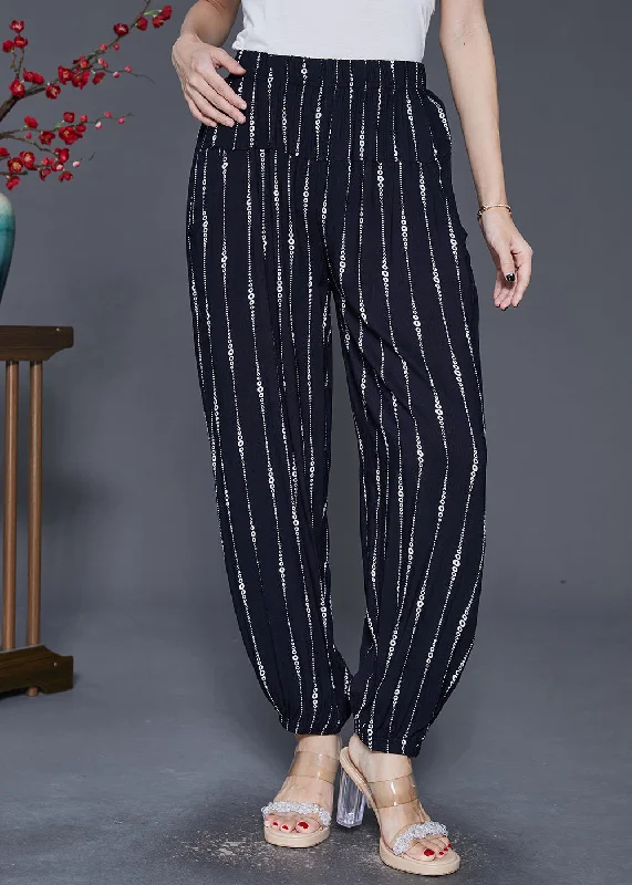 Exclusive Preview Black Striped Cotton Harem Pants Oversized Elastic Waist Fall