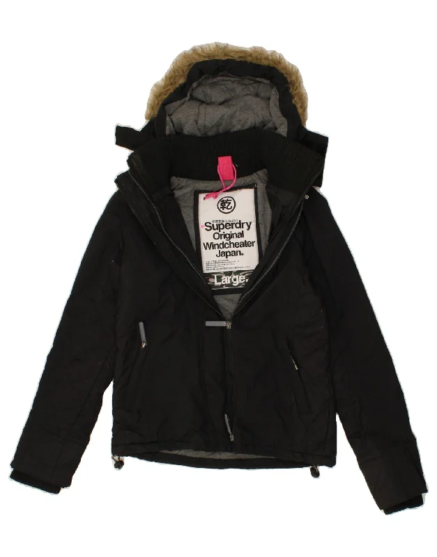 Hurry In SUPERDRY Womens Windcheater Hooded Windbreaker Jacket UK 16 Large Black