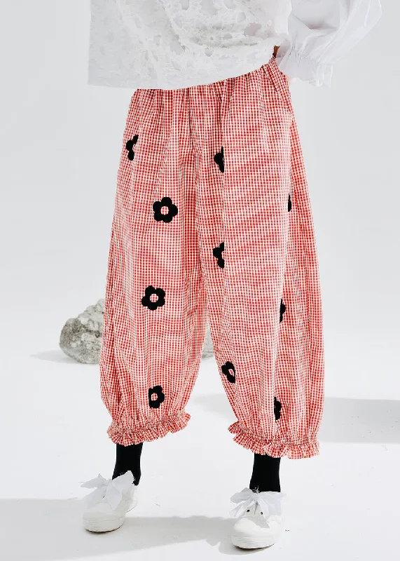 Special Discount Cute Pink Pockets Ruffled Patchwork Print Harem Crop Pants Fall