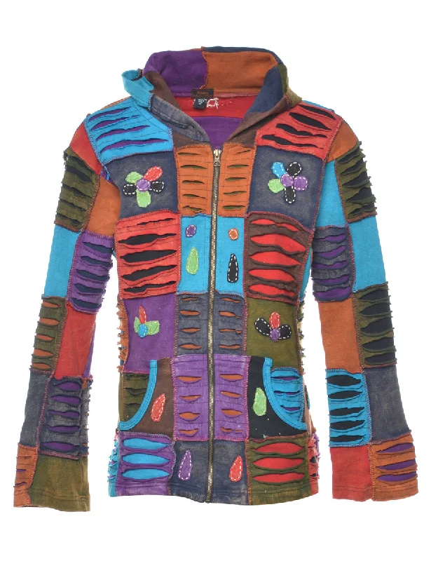 Great Bargain Razor Cut Ethnic Hippy Patched Hoodie  - S
