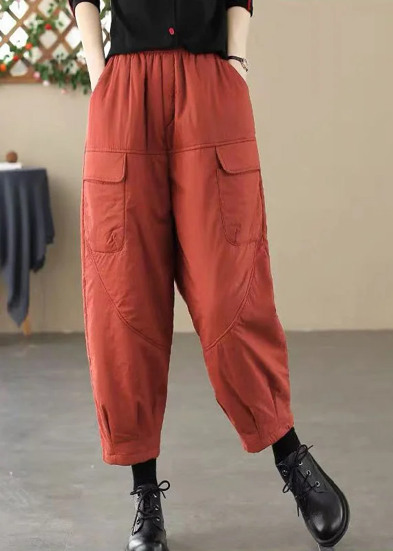 Exclusive Online Offer Fashion Brick Red Elastic Waist Pockets Fine Cotton Filled Pants Winter