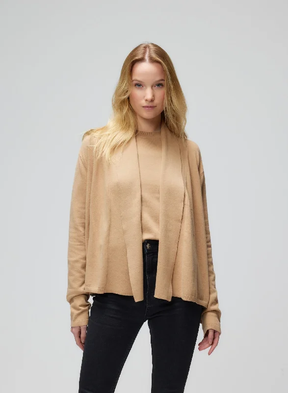Incredible Offers Organic Cotton Stretch Knit Long Sleeve Open Shawl Cardigan in Camel