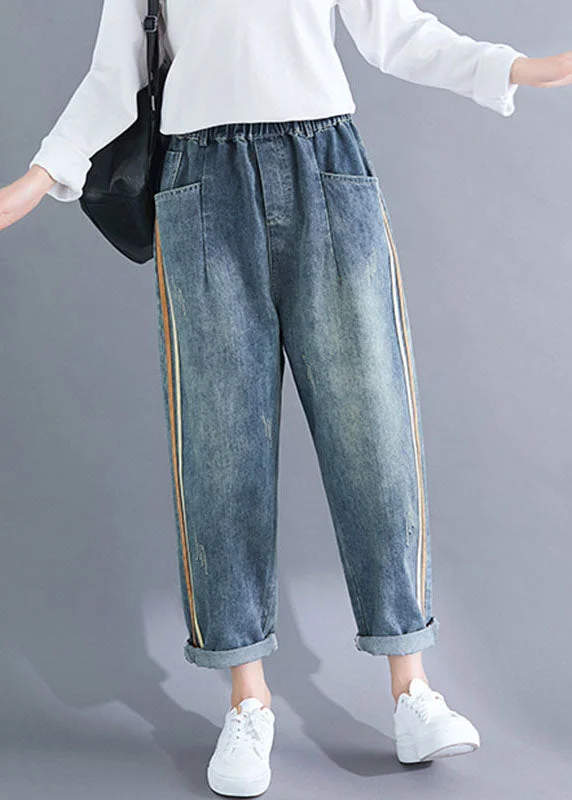 Factory Direct Sale Modern Deinm Blue Pockets Striped Patchwork Elastic Waist Harem Pants Fall