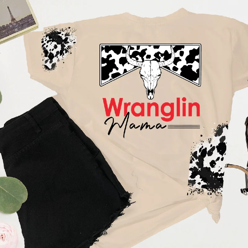 Can't Be Beat Wranglin Mama Western Cow print T-Shirt.