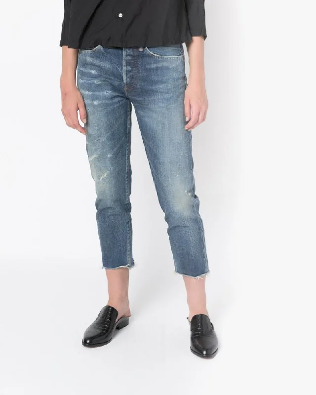 Clearance Sale Selvedge Denim Narrow Tapered Cut Jeans in Used Repair