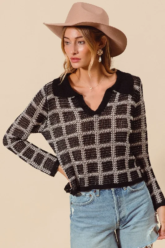 Anniversary Sale Check Plaid Crochet Knitted Sweater Top with Collar