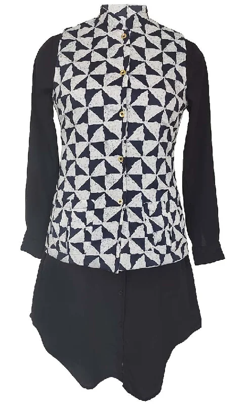 Price Buster Basic Black And White Printed Waist Coat Style Jacket With Tunic