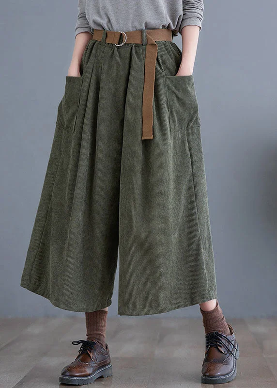 Best Bargains Retro Green Elastic Waist Corduroy Crop Wide Leg Pants