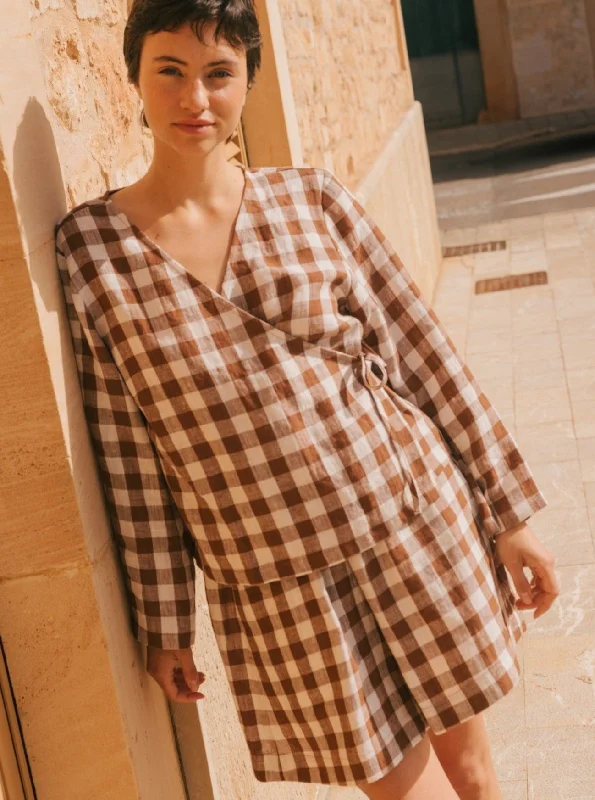 Take Action Adele Wrap Linen Top - Mocha Gingham