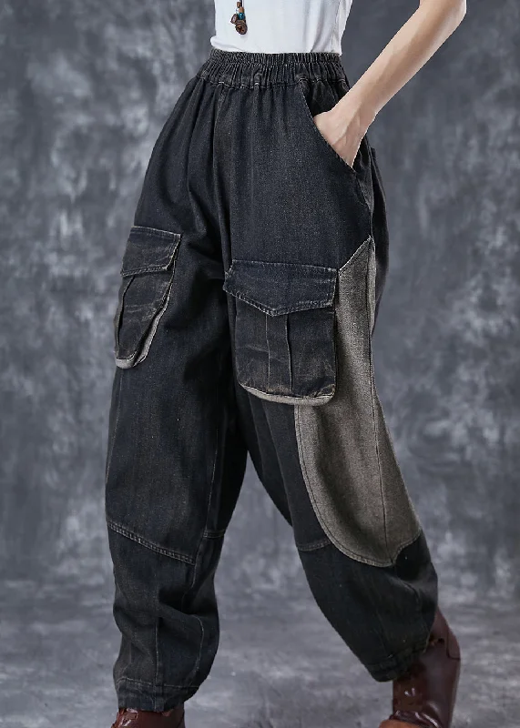 Huge Savings Art Black Oversized Patchwork Pockets Denim Pants Spring