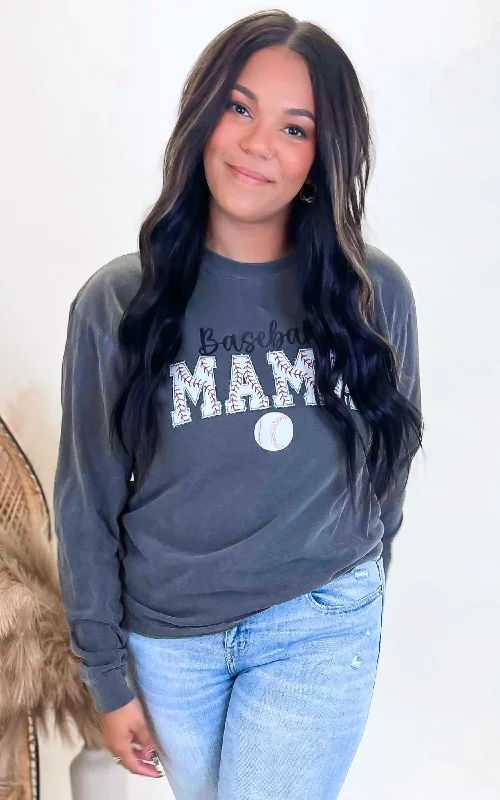 Don’t Miss Out Baseball Mama Garment Dyed Long Sleeve Graphic Top