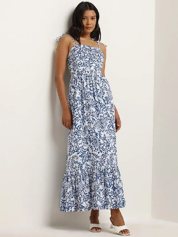 Price Slash LOV Blue Schiffli Floral Printed Cotton Tiered Dress