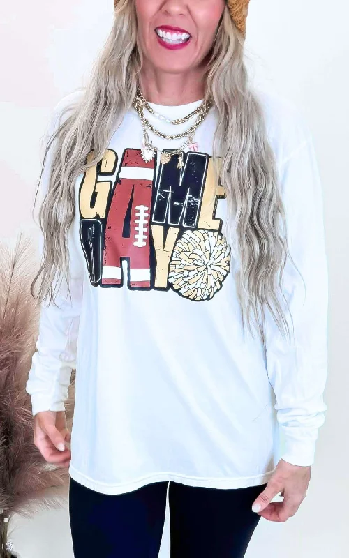 Warehouse Sale Black & Gold Game Day Garment Dyed Long Sleeve Graphic Top