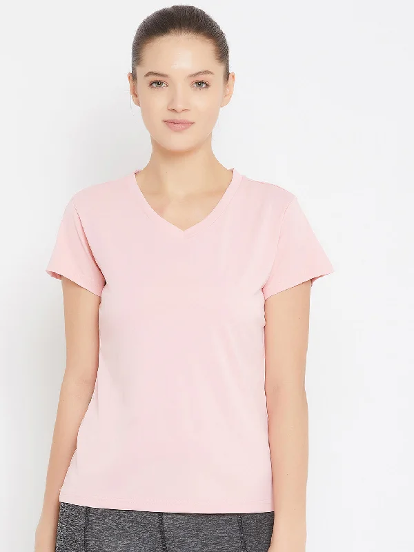 Special Price JUMP USA Women Pink Active Wear V- Neck T-shirt