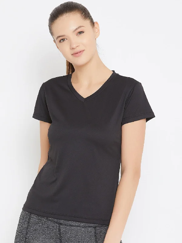 Crazy Deal JUMP USA Women Black Active Wear V- Neck T-shirt