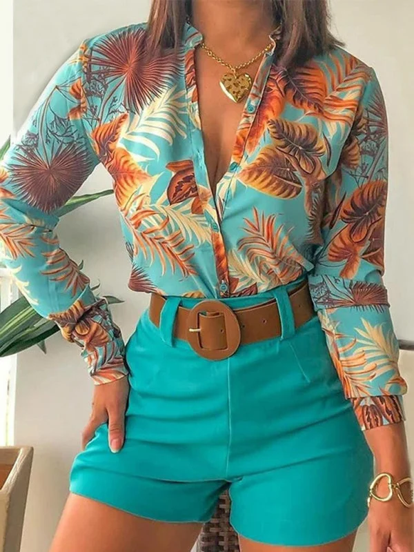 Weekend Bargains to Grab Women's Printed Shirt Stand Collar V-neck Long Sleeve Shirt With Belted Shorts Set