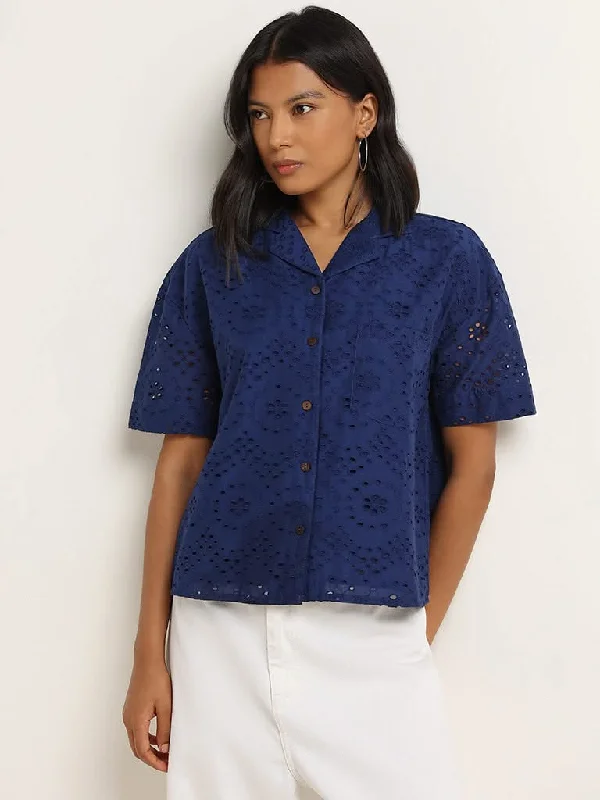 Savings Event LOV Navy Cotton Schiffli Design Shirt