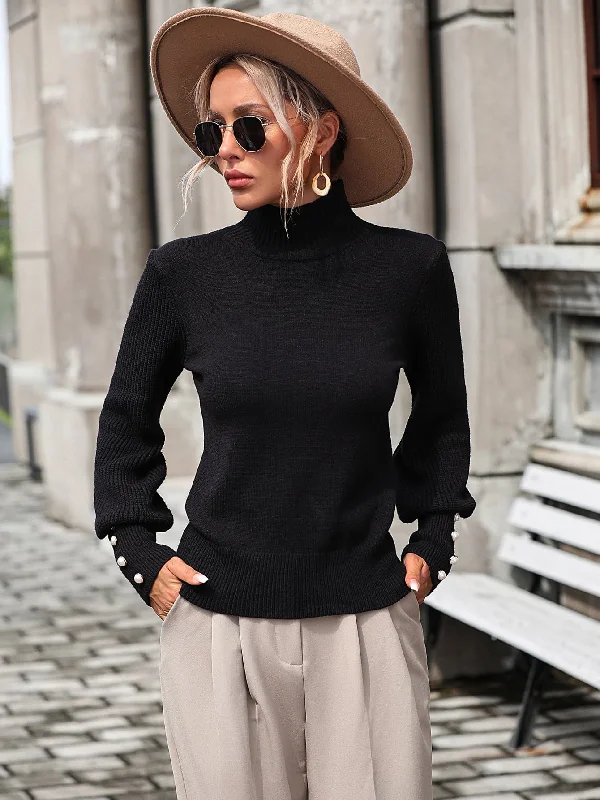 Steals and Deals Mock Neck Ribbed Lantern Sleeve Pullover Sweater
