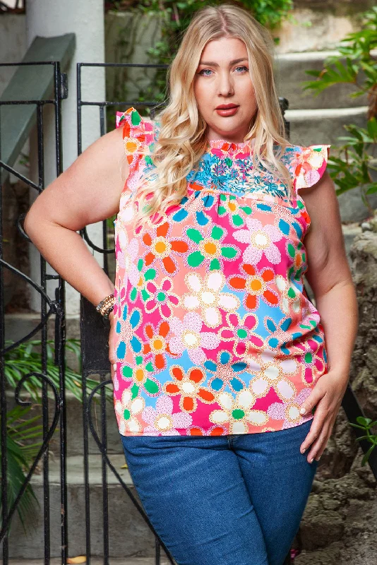 Time-Limited Offer Plus Size Floral Ruffle Shoulder Tank