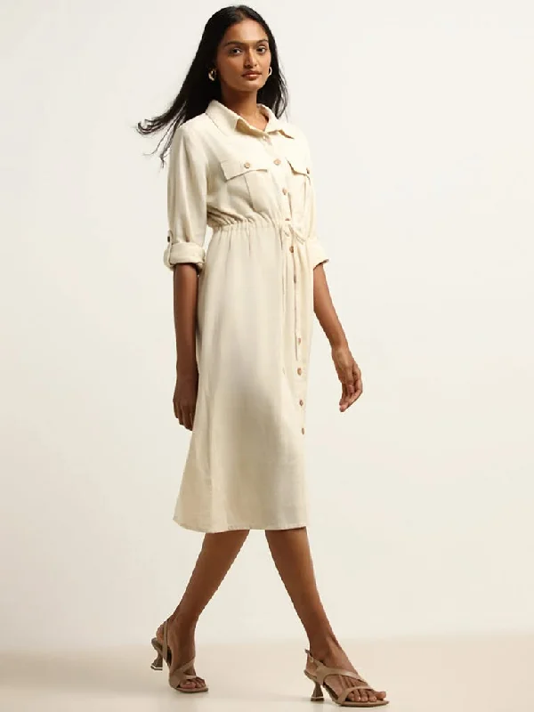 Daily Specials LOV Beige Blended Linen Shirt Dress