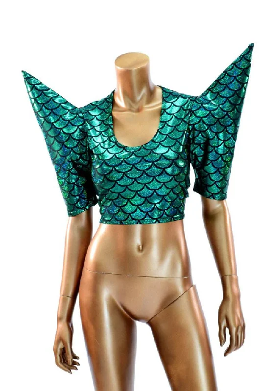 Hot Buy Green Scale Sharp Shoulder Crop Top