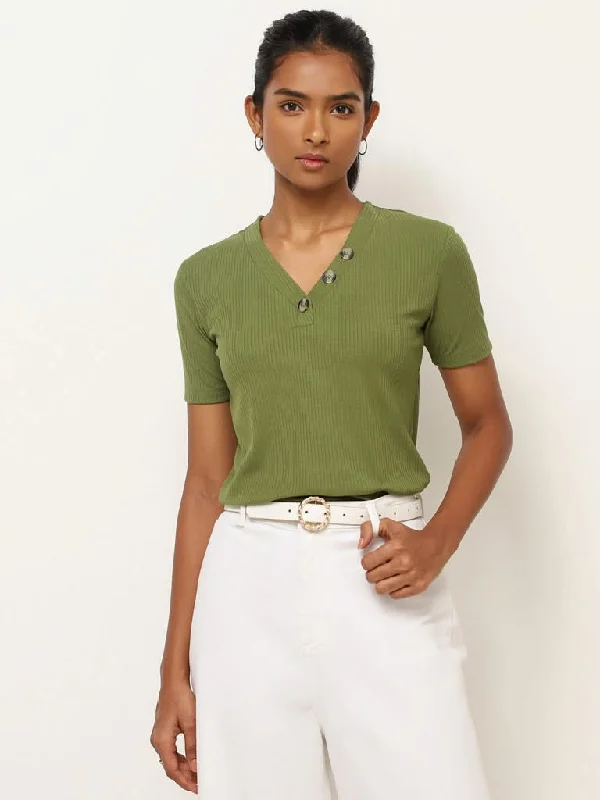 Exclusive Offer LOV Green Ribbed V Neck Top