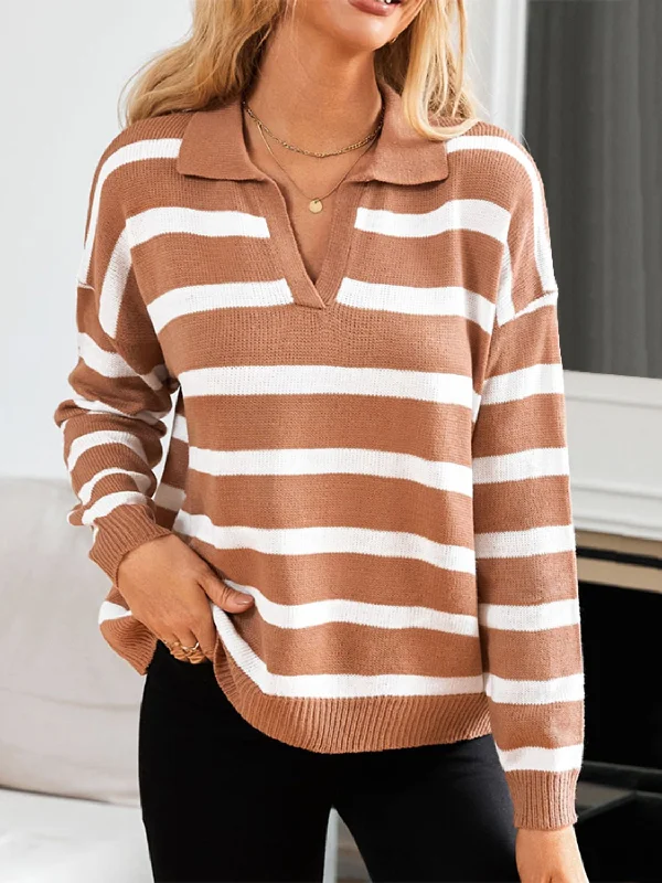 Weekend Discounts to Love Striped Johnny Collar Long Sleeve Sweater