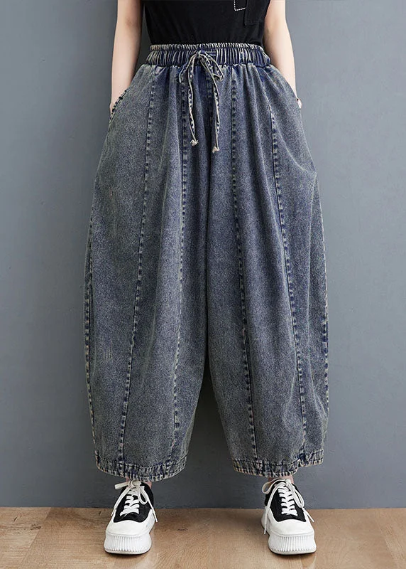 Deal Dash Loose Denim Blue Pockets Patchwork Elastic Waist Lantern Pants Fall