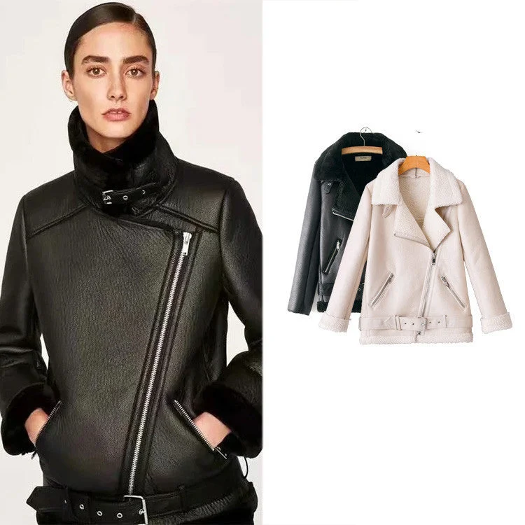 Closeout Deal Casual Simple Oblique Zipper PU Plus Velvet Jacket