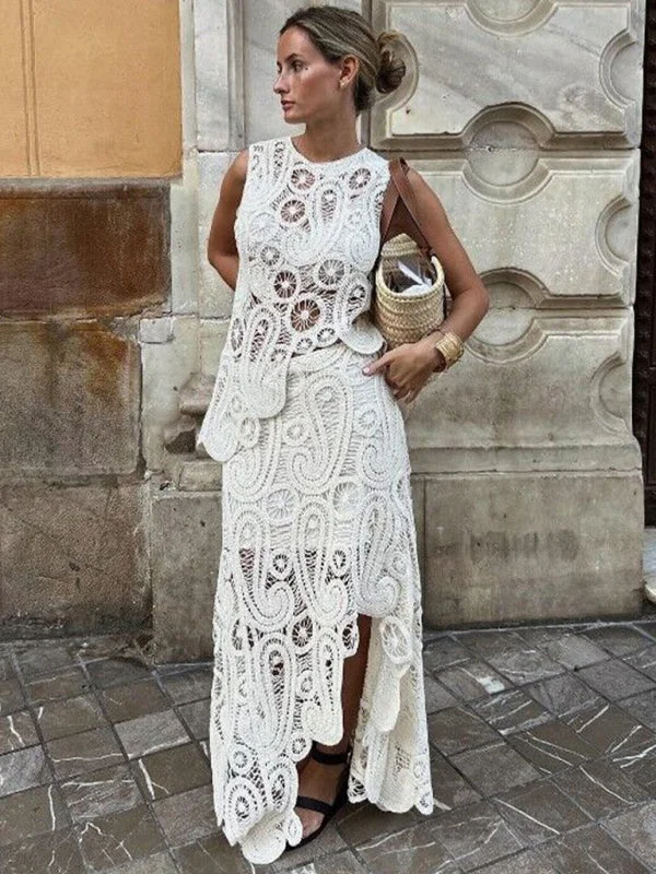 Daily Deals Women's White Elegant Retro Irregular Sleeveless Top And Matching Floor Length Skirt