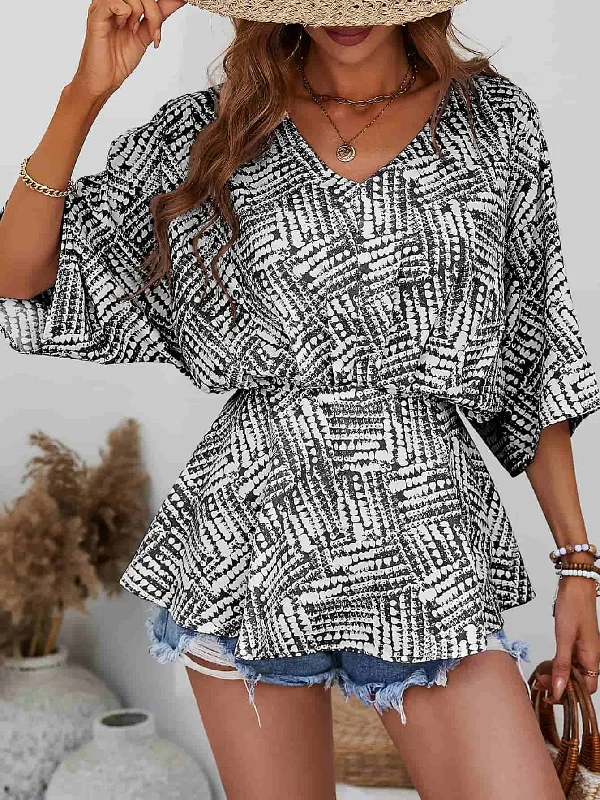 Sale Alert Printed V-Neck Dolman Sleeve Blouse