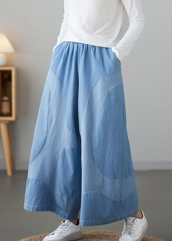Limited Stock Women Light Blue Pockets Elastic Waist Denim Wide Leg Pants Fall