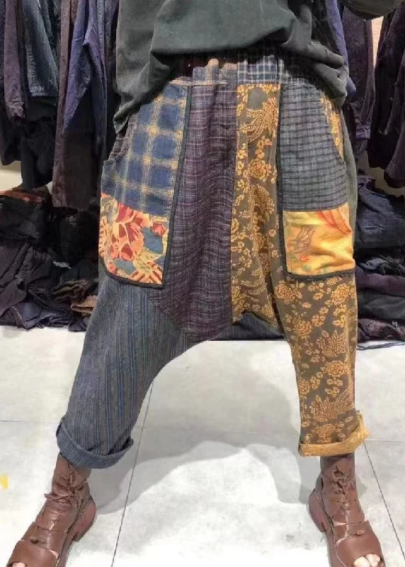 Weekend Offers That Dazzle Vintage Plaid Pockets Elastic Waist Patchwork Cotton Harem Pants Fall