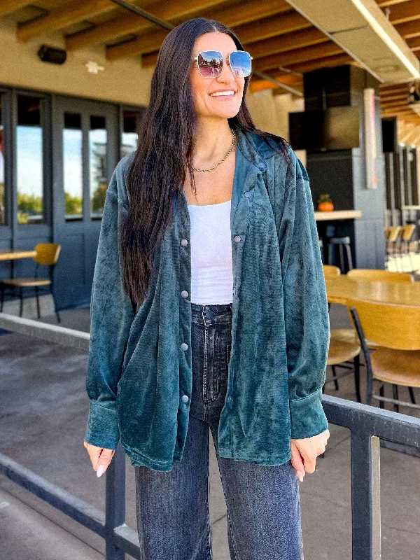 Don't Delay Dark Green Velvet Button Down Shacket