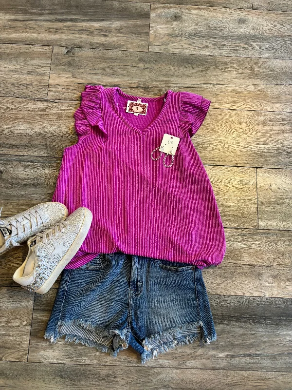 Must-Have Deals Ribbed Ruffle Sleeve-Magenta
