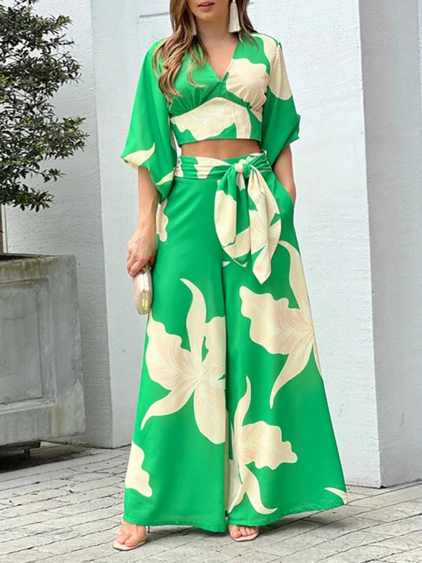 Weekend Deals That Excite Women's Printed V-neck Lantern Short Sleeved Shirt With High Waist Wide Leg Trousers Two Piece Set