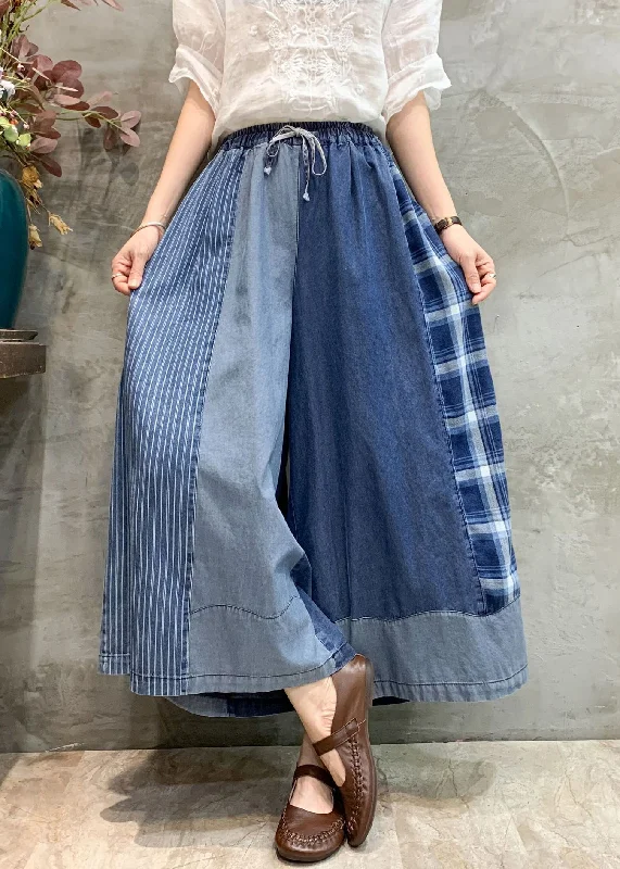 Reduced Prices Blue Plaid Elastic Waist Patchwork Denim Loose Pants Pockets