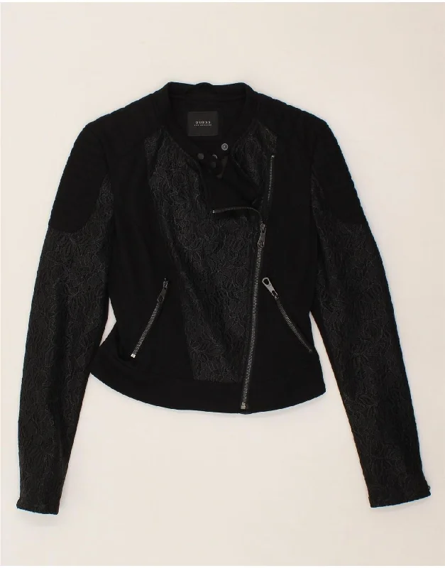 Savings Spectacular GUESS Womens Biker Jacket UK 4 XS Black Floral Polyester