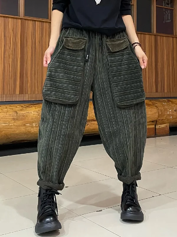 Buy Now Women Retro Stripe Thicken Corduroy Harem Pants